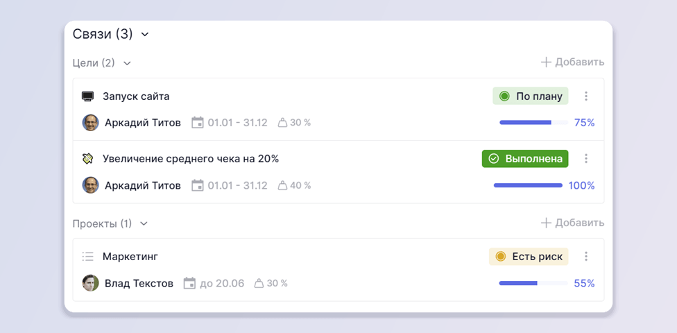 Связь с задачами и проектами